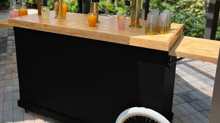 black 5ft mobile bar cart, black cart, bar cart, black mobile bar, beverage bar foldable wood bar, mobile cart, mall kiosk modular cart